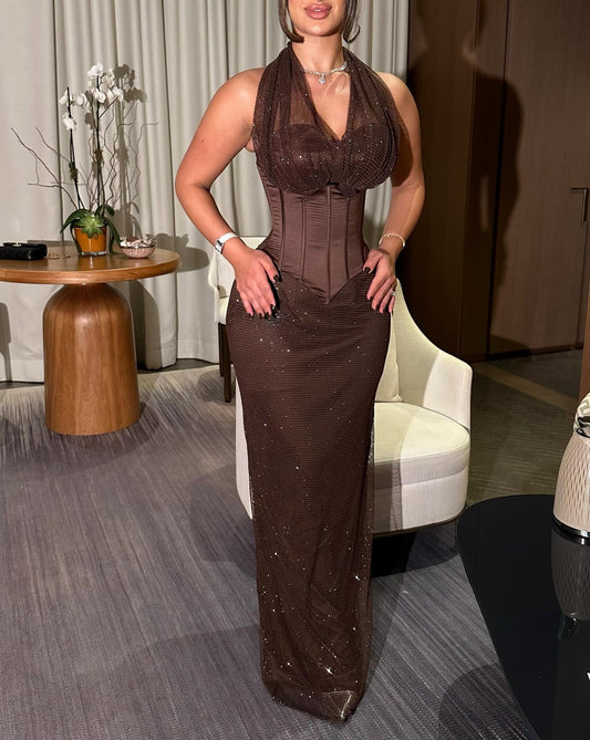 Sparkle Halter Sleeveless Mermaid Sequins Floor-Length Evening Dress