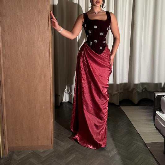 Red Square Sleevless Beaded Mermaid Floor-Length Evening Dress