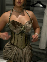 Fashion Green Halter Sleeveless Beaded Sequins Sparkle Mermaid Evening Dress