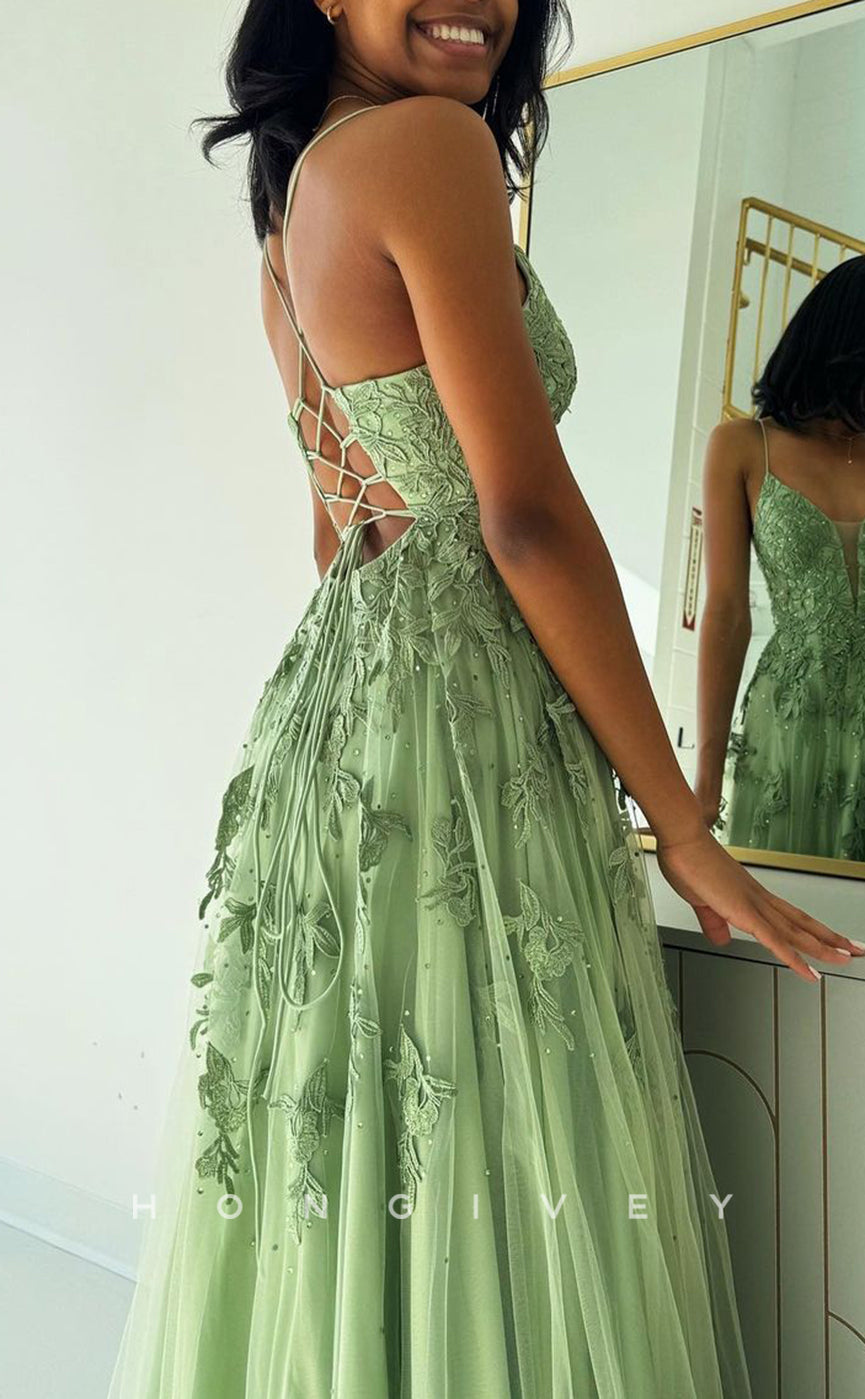 L2681 - Tulle A-Line V-Neck Spaghetti Straps Lace Applique With Side Slit Party Prom Evening Dress