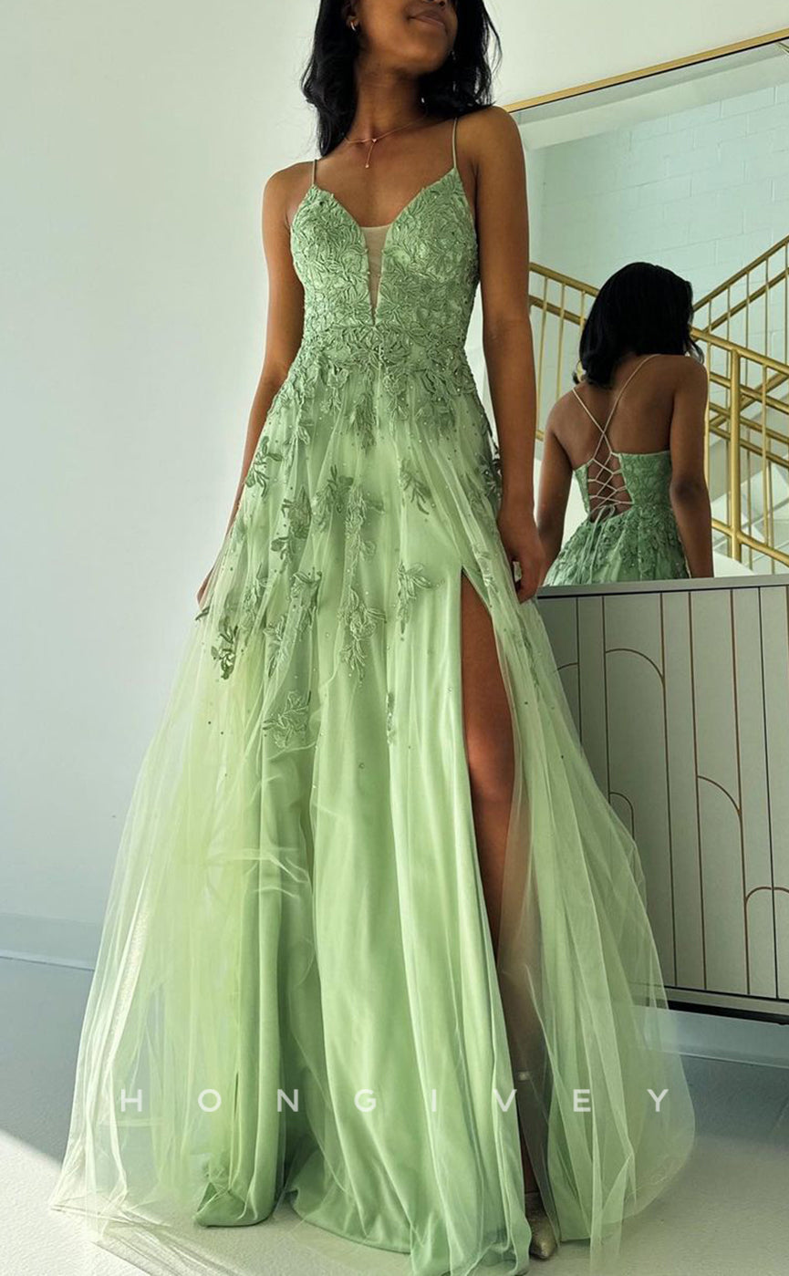 L2681 - Tulle A-Line V-Neck Spaghetti Straps Lace Applique With Side Slit Party Prom Evening Dress