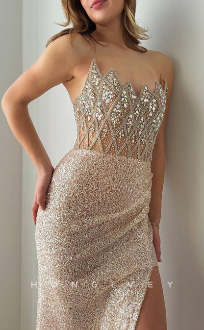 L2683 - Asymmetrical Strapless Beaded Glitter Fitted With Train Party Prom Evening Dress