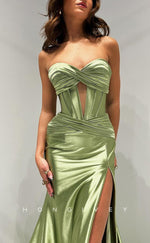 L2753 - Trumpet Sweetheart Strapless Illusion Ruched With Side Slit Party Prom Evening Dress