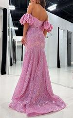 L2752 - Glitter Off-Shoulder Puff Sleeves Beaded With Side Slit Party Prom Evening Dress