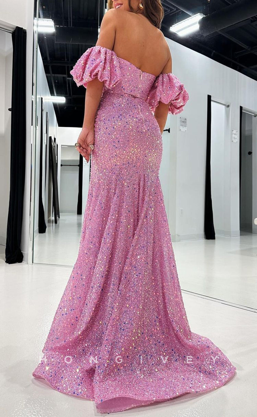 L2752 - Glitter Off-Shoulder Puff Sleeves Beaded With Side Slit Party Prom Evening Dress