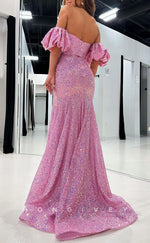 L2752 - Glitter Off-Shoulder Puff Sleeves Beaded With Side Slit Party Prom Evening Dress