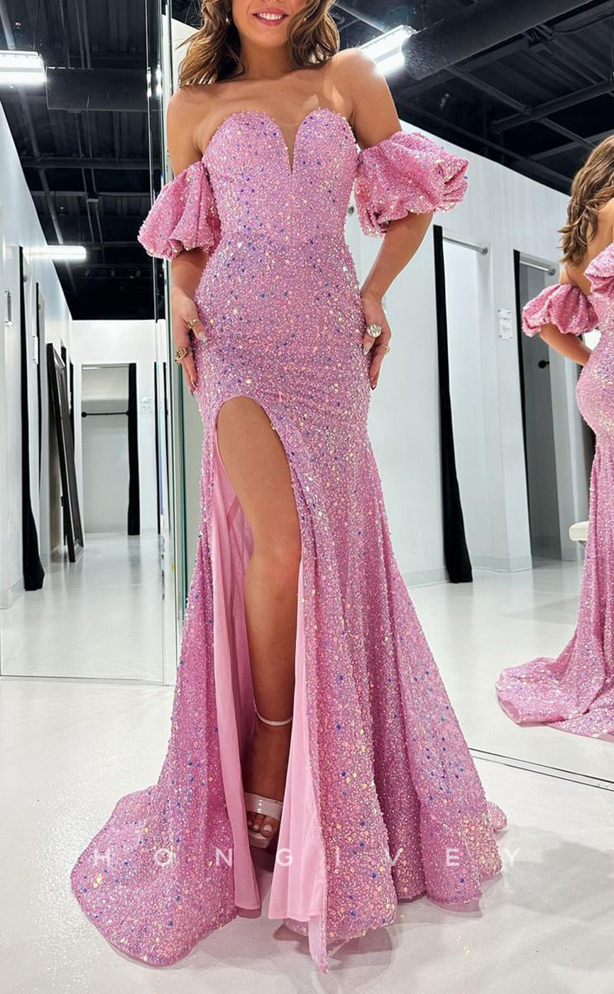 L2752 - Glitter Off-Shoulder Puff Sleeves Beaded With Side Slit Party Prom Evening Dress