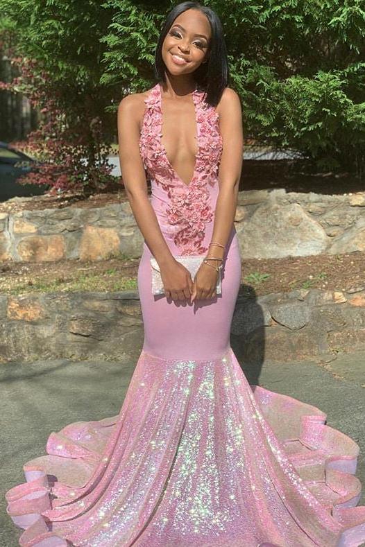 Alluring Halter Applique Glittering Sequins Prom Dresses Ruffles Open Back Chic Mermaid Sleeveless Evening Dresses