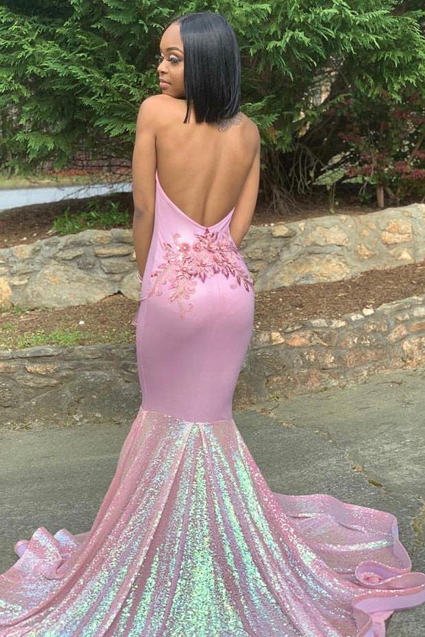 Alluring Halter Applique Glittering Sequins Prom Dresses Ruffles Open Back Chic Mermaid Sleeveless Evening Dresses