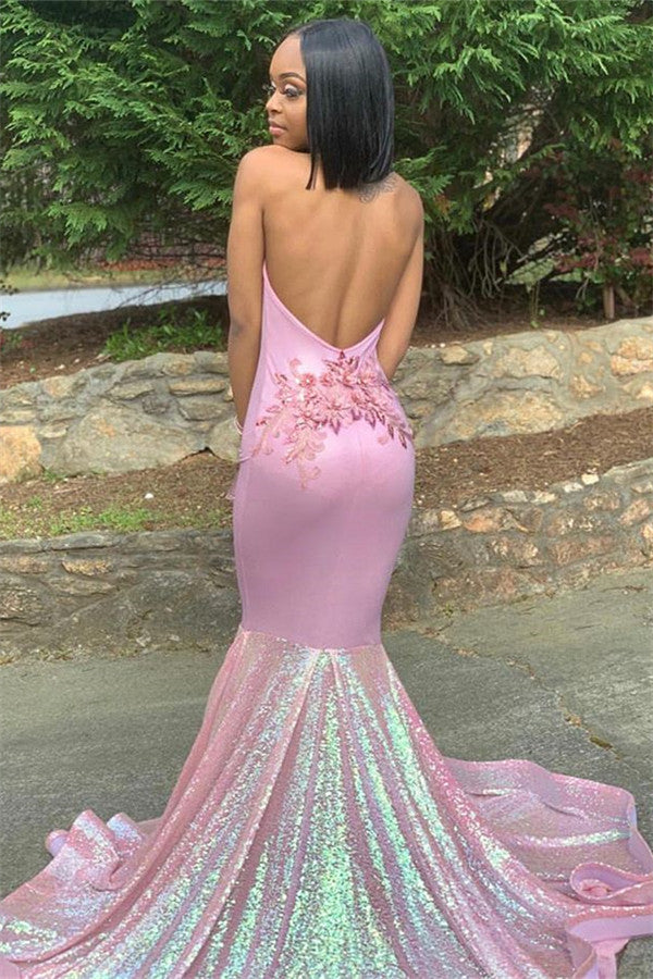 Alluring Halter Applique Glittering Sequins Prom Dresses Ruffles Open Back Chic Mermaid Sleeveless Evening Dresses