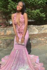 Alluring Halter Applique Glittering Sequins Prom Dresses Ruffles Open Back Chic Mermaid Sleeveless Evening Dresses