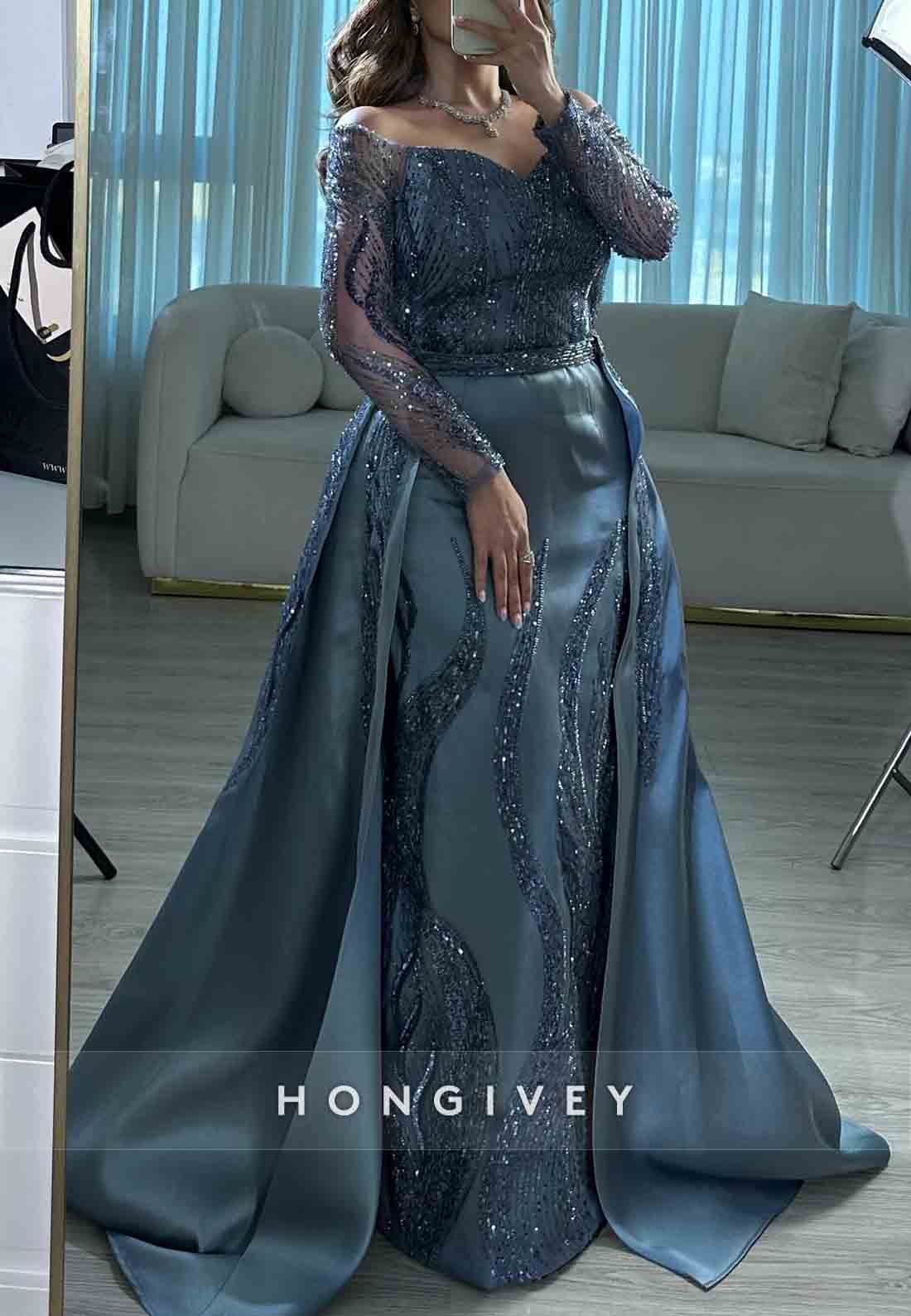 Sweetheart Satin Floor-Length Detachable Long Sleeves Pleated Evening Gowns