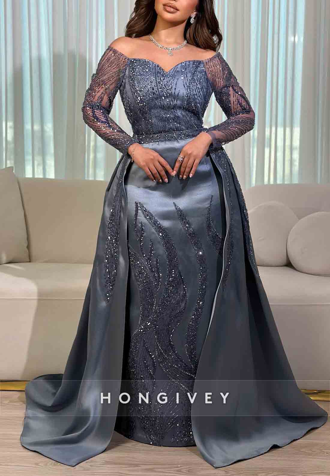 Sweetheart Satin Floor-Length Detachable Long Sleeves Pleated Evening Gowns