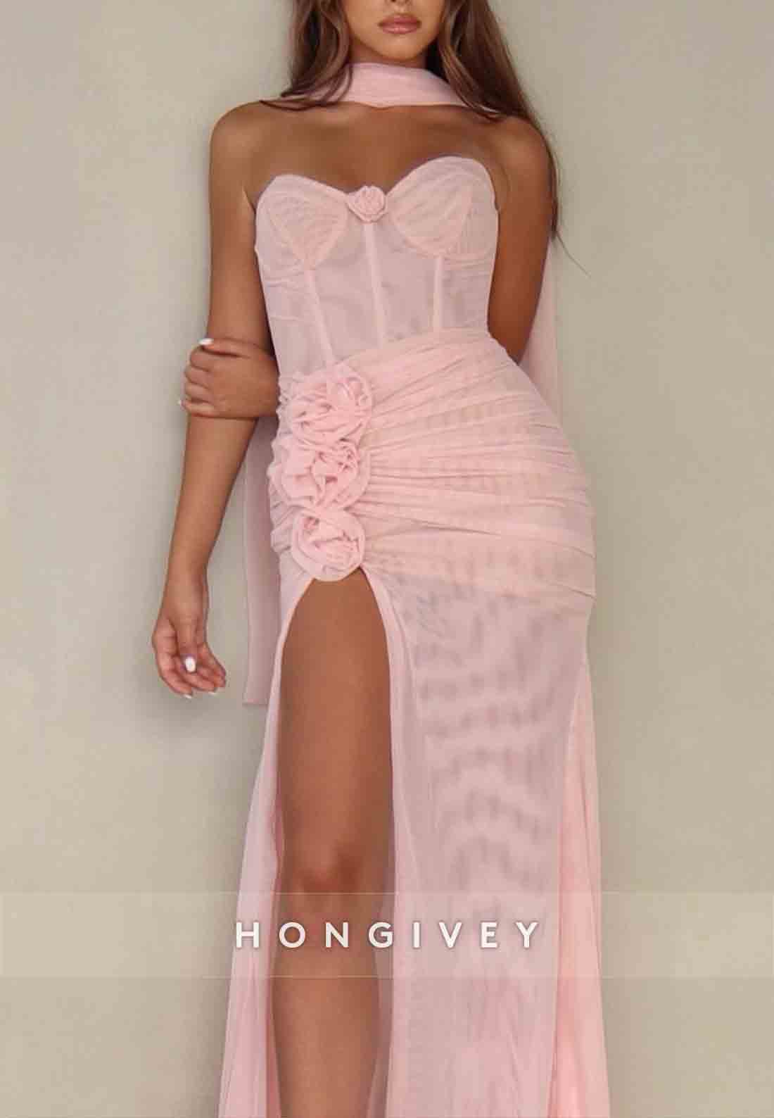 Light Pink Strapless Sweetheart High Slit Prom Dresses with Flowers