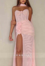 Light Pink Strapless Sweetheart High Slit Prom Dresses with Flowers