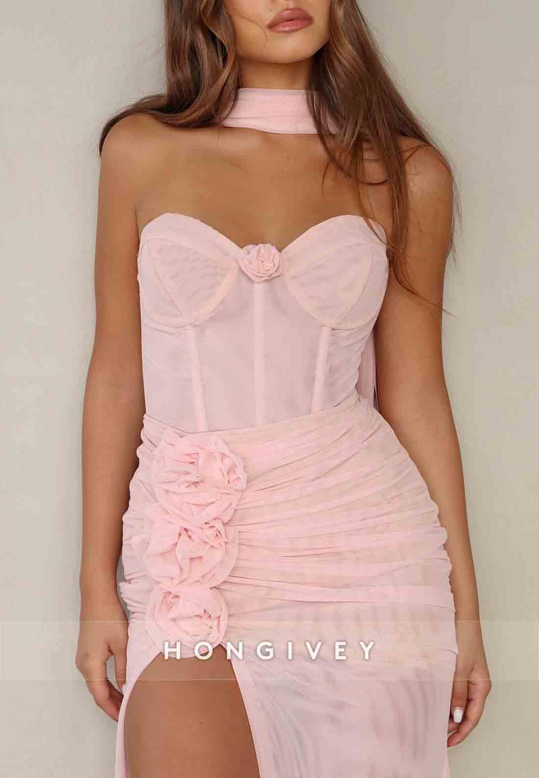 Light Pink Strapless Sweetheart High Slit Prom Dresses with Flowers