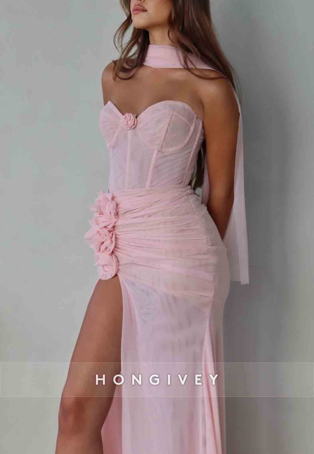 Light Pink Strapless Sweetheart High Slit Prom Dresses with Flowers