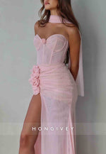 Light Pink Strapless Sweetheart High Slit Prom Dresses with Flowers