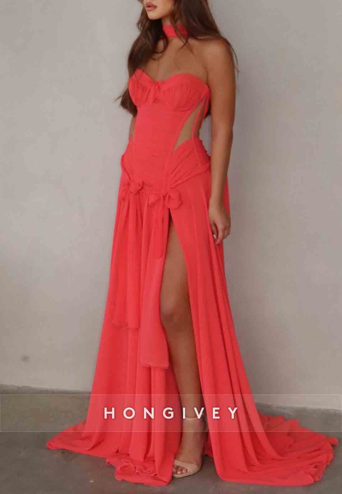 Halter Sweetheart A-Line Floor-Length Prom Dresses with High Slit