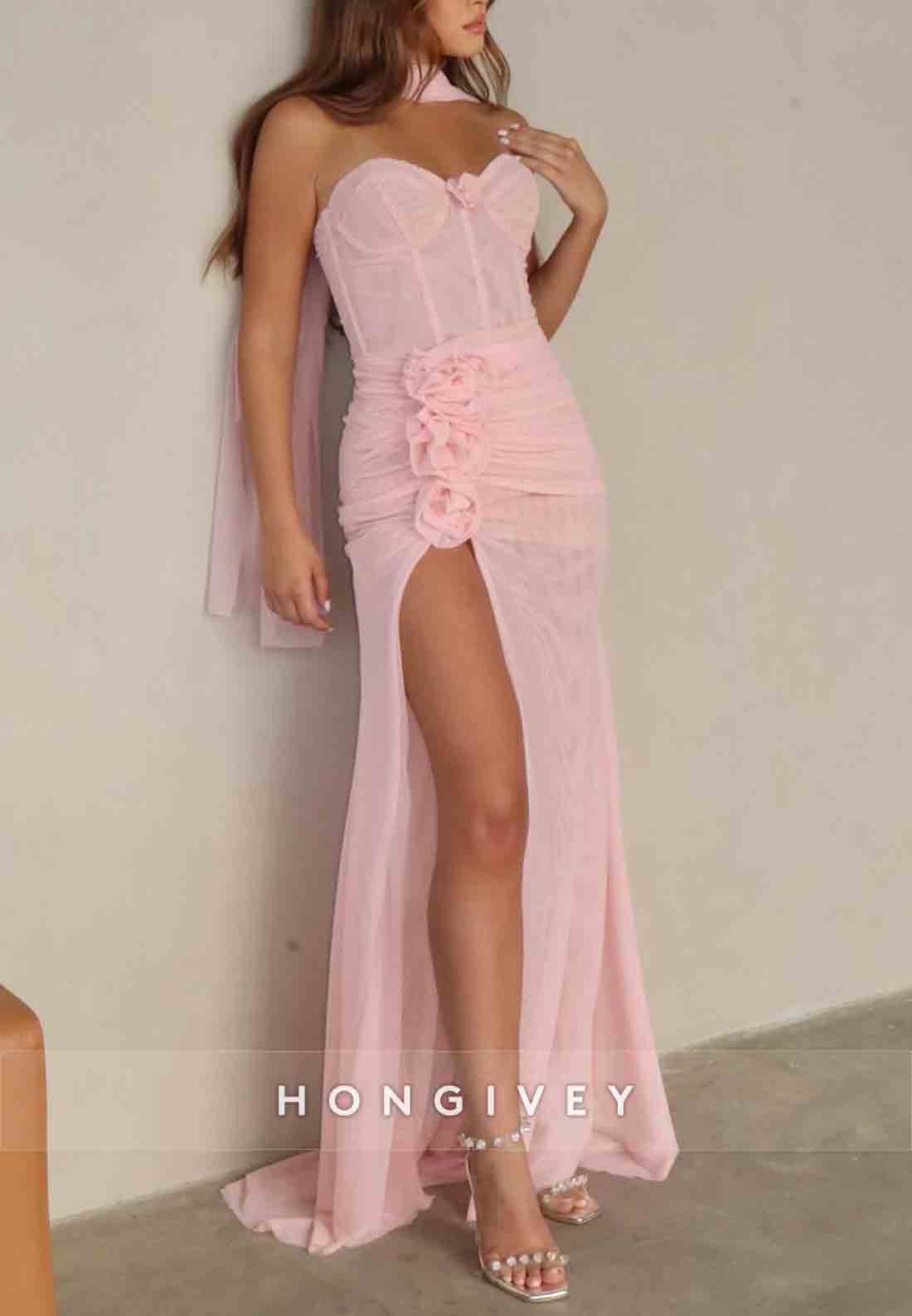 Light Pink Strapless Sweetheart High Slit Prom Dresses with Flowers