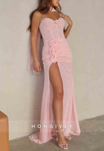 Light Pink Strapless Sweetheart High Slit Prom Dresses with Flowers