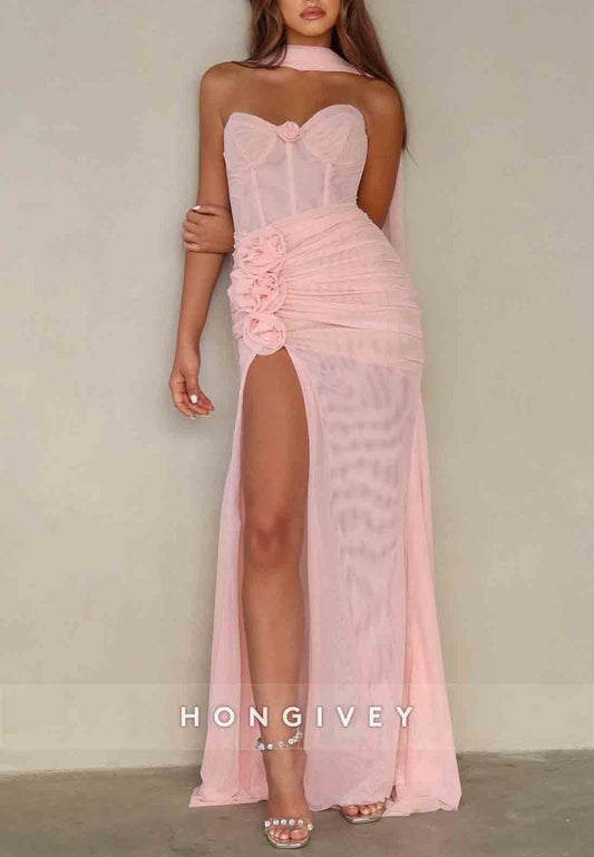 Light Pink Strapless Sweetheart High Slit Prom Dresses with Flowers