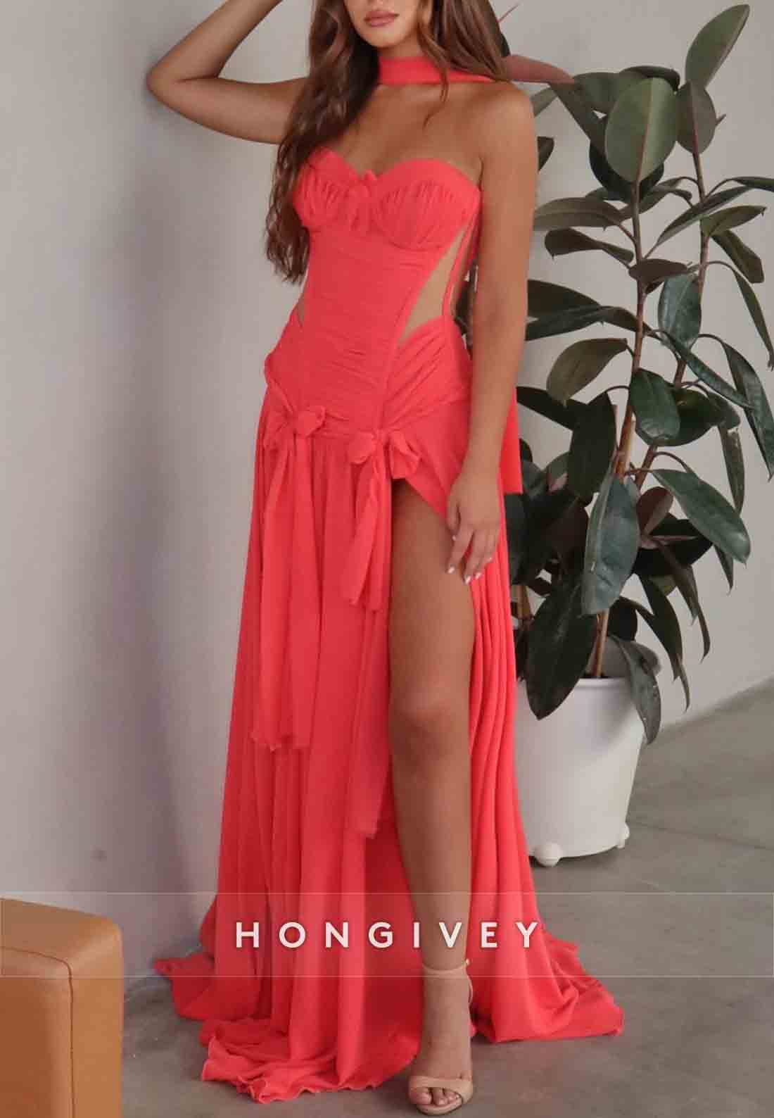 Halter Sweetheart A-Line Floor-Length Prom Dresses with High Slit