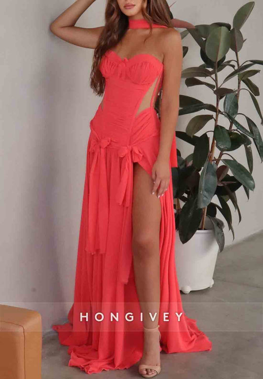 Halter Sweetheart A-Line Floor-Length Prom Dresses with High Slit
