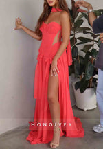 Halter Sweetheart A-Line Floor-Length Prom Dresses with High Slit