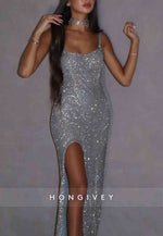 Regular Straps Backless Glitter Floor-Length Prom Dresses with High Slit