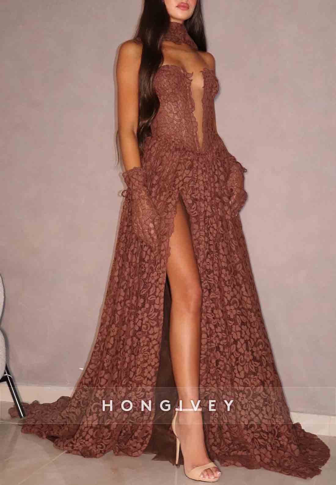 Elegant A-Line Strapless Court Train High Slit  Prom Dresses with Flowers