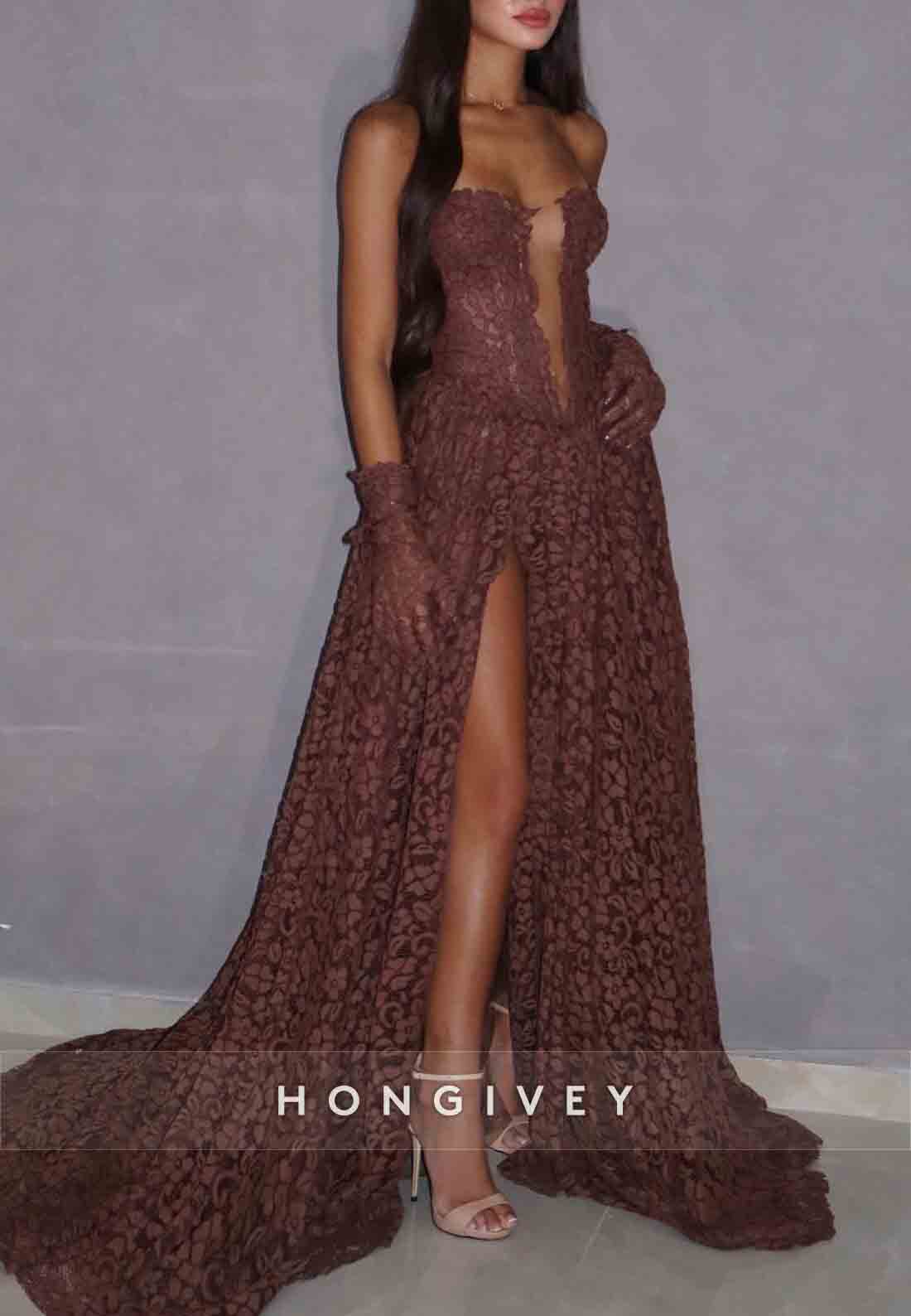 Elegant A-Line Strapless Court Train High Slit  Prom Dresses with Flowers