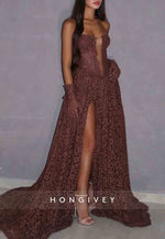 Elegant A-Line Strapless Court Train High Slit  Prom Dresses with Flowers