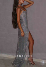 Regular Straps Backless Glitter Floor-Length Prom Dresses with High Slit