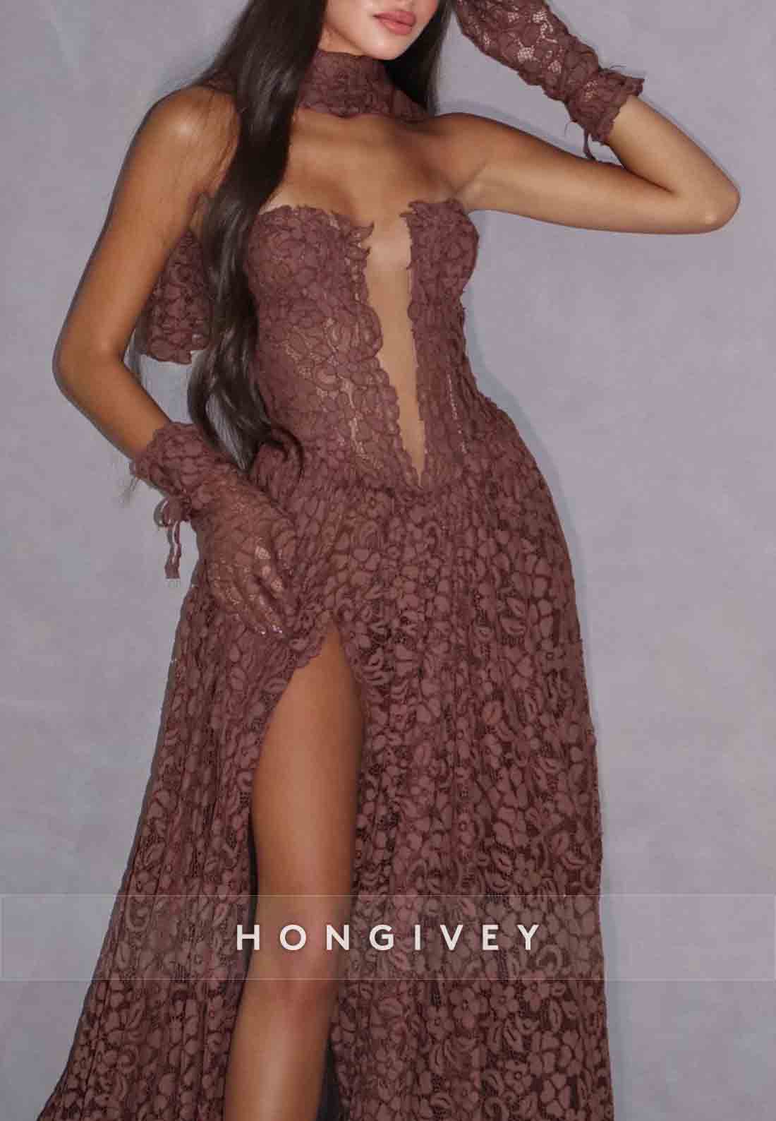 Elegant A-Line Strapless Court Train High Slit  Prom Dresses with Flowers