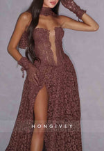 Elegant A-Line Strapless Court Train High Slit  Prom Dresses with Flowers