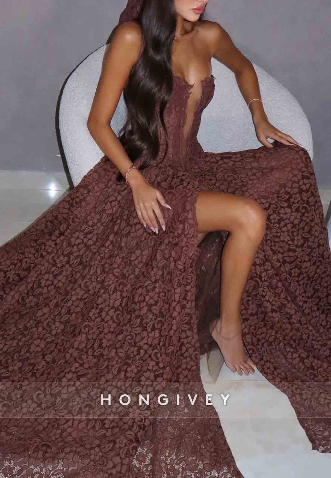 Elegant A-Line Strapless Court Train High Slit  Prom Dresses with Flowers