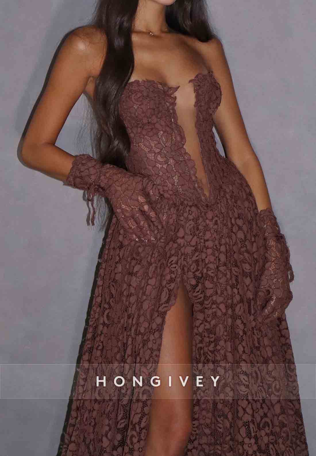 Elegant A-Line Strapless Court Train High Slit  Prom Dresses with Flowers