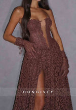 Elegant A-Line Strapless Court Train High Slit  Prom Dresses with Flowers