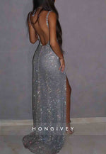 Regular Straps Backless Glitter Floor-Length Prom Dresses with High Slit