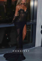 Sexy Illusion Black Sweetheart Spaghetti Straps Side Slit Lace Prom Dresses