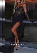 Sexy Illusion Black Sweetheart Spaghetti Straps Side Slit Lace Prom Dresses