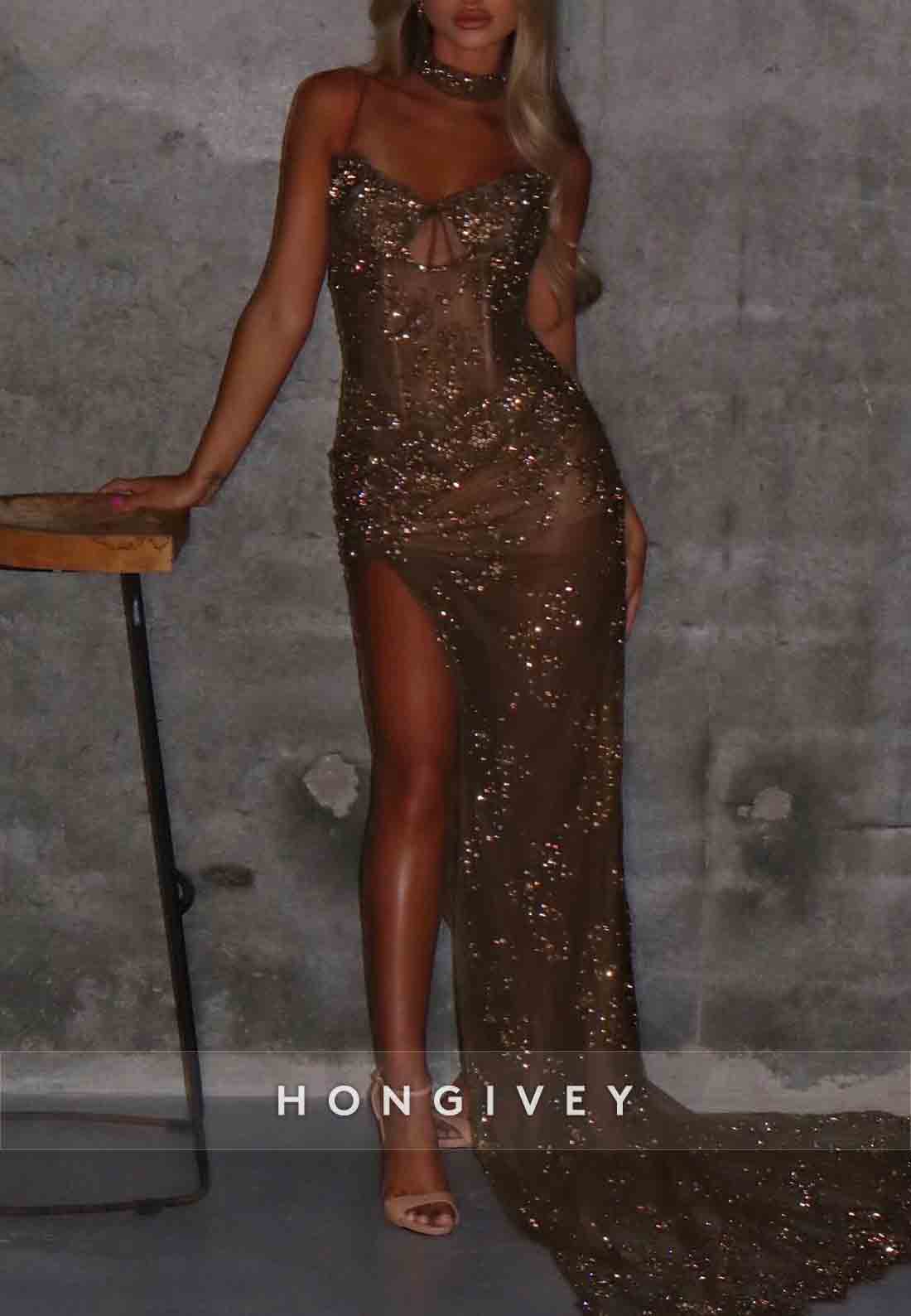 Spaghetti Straps Pleated Column Sequined Prom Dresses with Side Slit