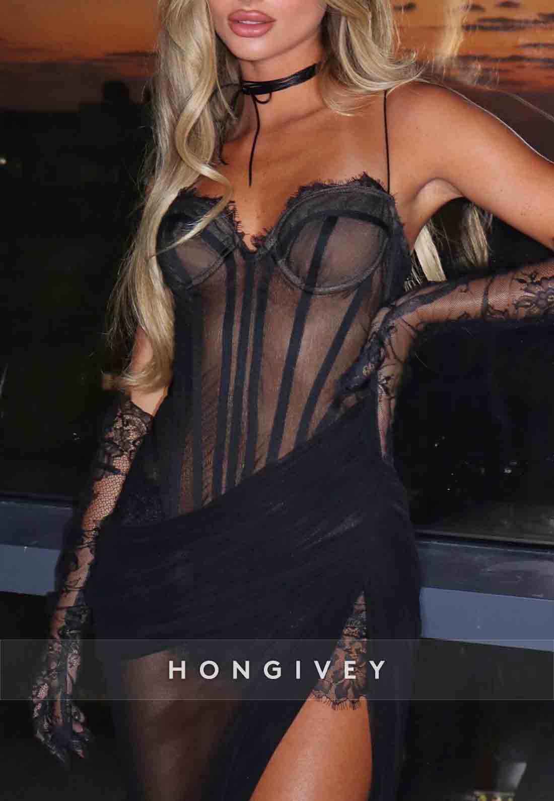 Sexy Illusion Black Sweetheart Spaghetti Straps Side Slit Lace Prom Dresses