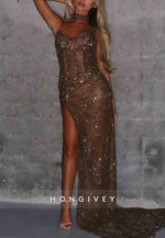 Spaghetti Straps Pleated Column Sequined Prom Dresses with Side Slit