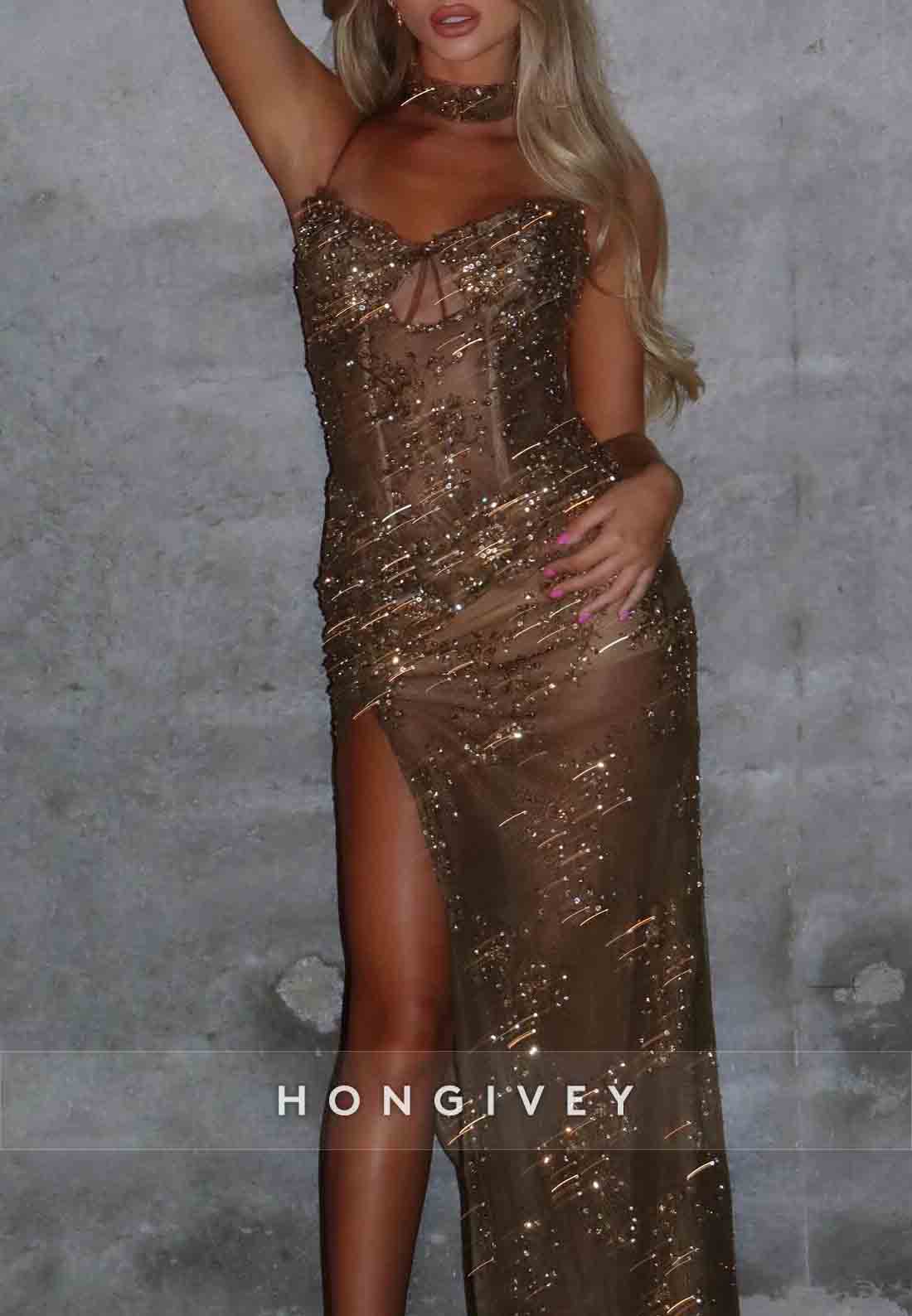 Spaghetti Straps Pleated Column Sequined Prom Dresses with Side Slit