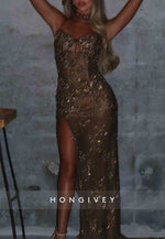 Spaghetti Straps Pleated Column Sequined Prom Dresses with Side Slit