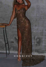 Spaghetti Straps Pleated Column Sequined Prom Dresses with Side Slit