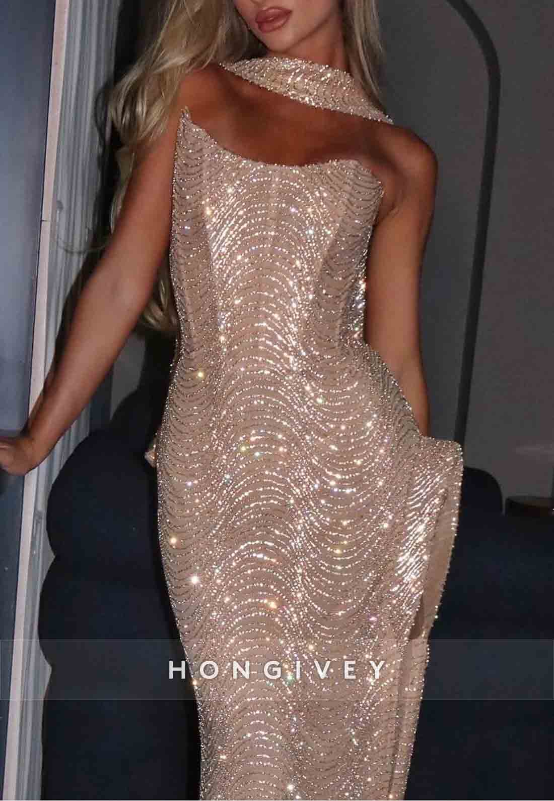 Side Slit Strapless Prom Dresses Glitter Sheath Floor-Length Prom Dresses