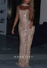 Side Slit Strapless Prom Dresses Glitter Sheath Floor-Length Prom Dresses